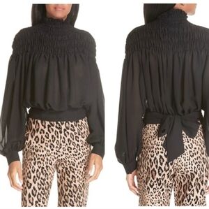 FRAME Smocked Tie Back Blouse Noir Black Business Casual Office Size Xsmall